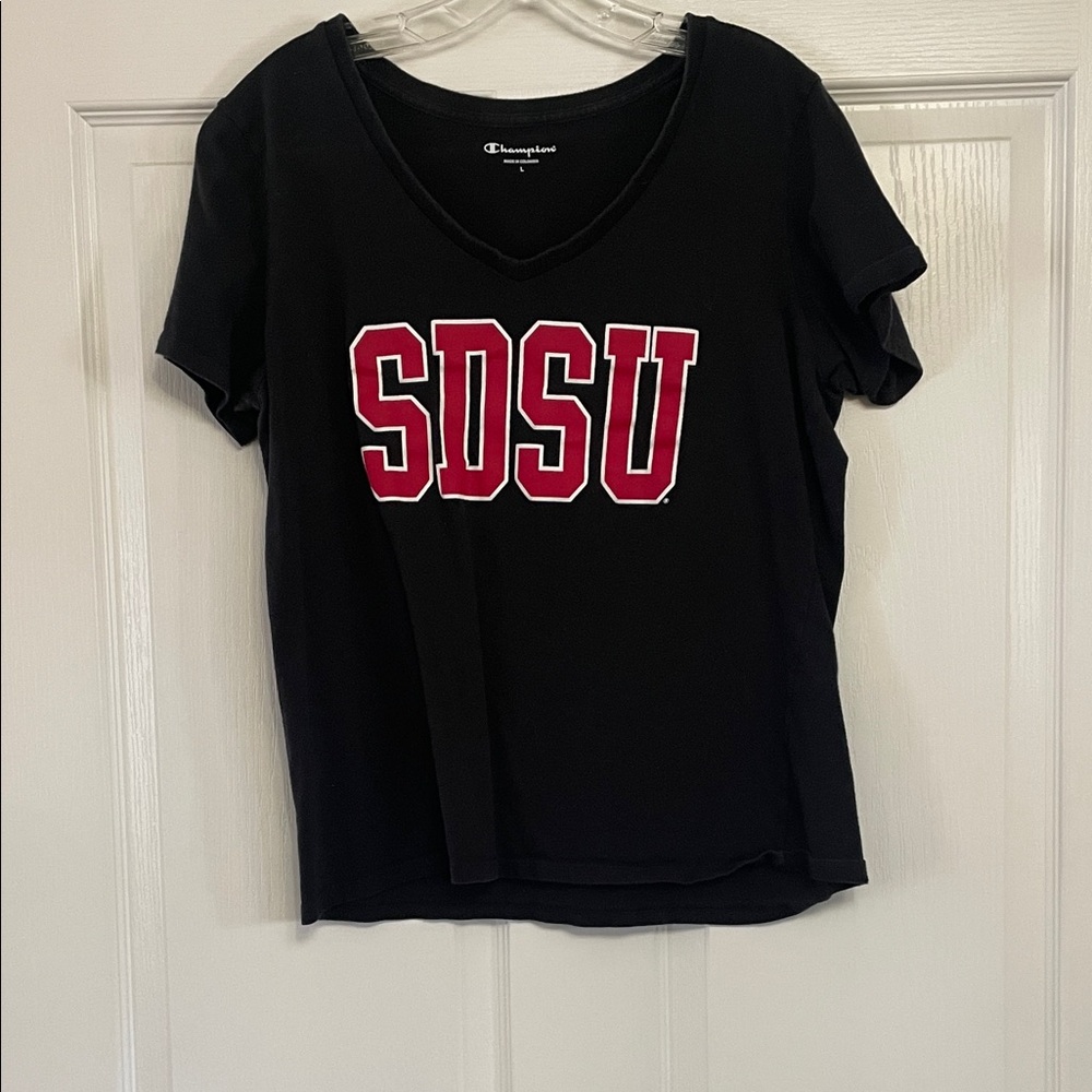 Champion Women's Black Tee with Red SDSU Logo L